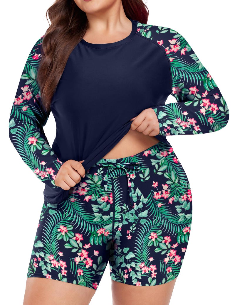 FOREYOND Womens 2 Piece Plus Size Rash Guard Long Sleeve Bathing Suit Sun Protection Swimsuits Swim Shirt with Boyshorts Bottom UPF 50 Green Leaves Floral 4X