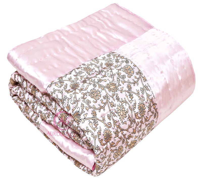 AUROSTYLE 400 TC Jaipuri Razai Rajasthani Traditional Silk Fabric Filling Pure Cotton lightweight Rajai Quilt Bedding Jaipuri Quilt Throw Blanket (Pink Floral, Double Bed 85 X 100, Pack of 1) - Image 1