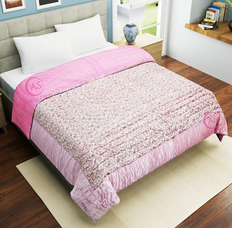 AUROSTYLE 400 TC Jaipuri Razai Rajasthani Traditional Silk Fabric Filling Pure Cotton lightweight Rajai Quilt Bedding Jaipuri Quilt Throw Blanket (Pink Floral, Double Bed 85 X 100, Pack of 1) - Image 2