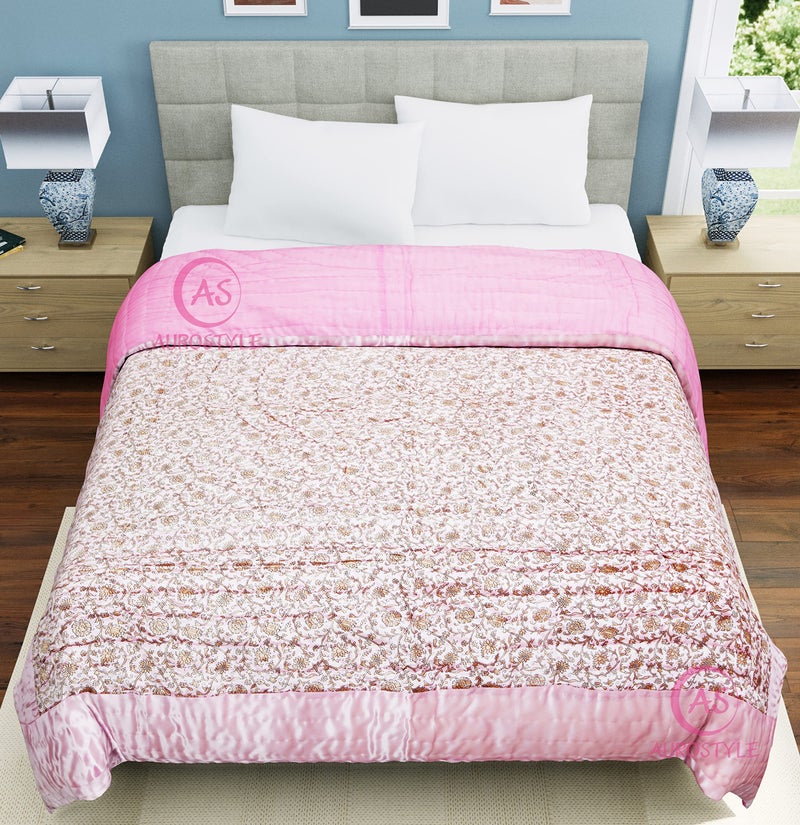 AUROSTYLE 400 TC Jaipuri Razai Rajasthani Traditional Silk Fabric Filling Pure Cotton lightweight Rajai Quilt Bedding Jaipuri Quilt Throw Blanket (Pink Floral, Double Bed 85 X 100, Pack of 1) - Image 3