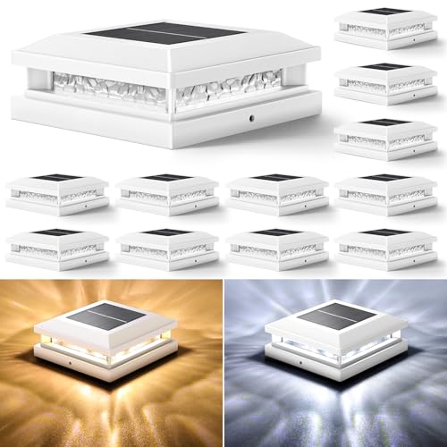 Bosceos Solar Post Lights Outdoor 12Pack 2 Lighting Modes 16 LEDs Solar Post Cap Lights for 4x4 45x45 5x5 Vinyl Wooden Posts Waterproof Fence Light Solar Powered for Deck Fence Yard Porch White - Image 1