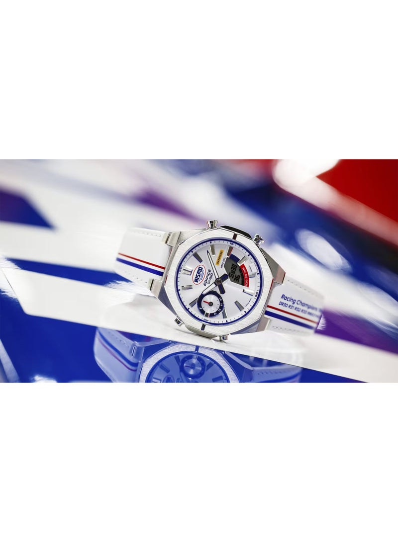 CASIO ساعة كاسيو إيديفيس نيسمو هيريتاج إيديشن الذكية ECB‑S10NIS‑7AJR، 43 مم، قرص فضي مع تفاصيل ثلاثية الألوان حمراء وزرقاء، مقاومة للماء حتى 100 متر - Image 5