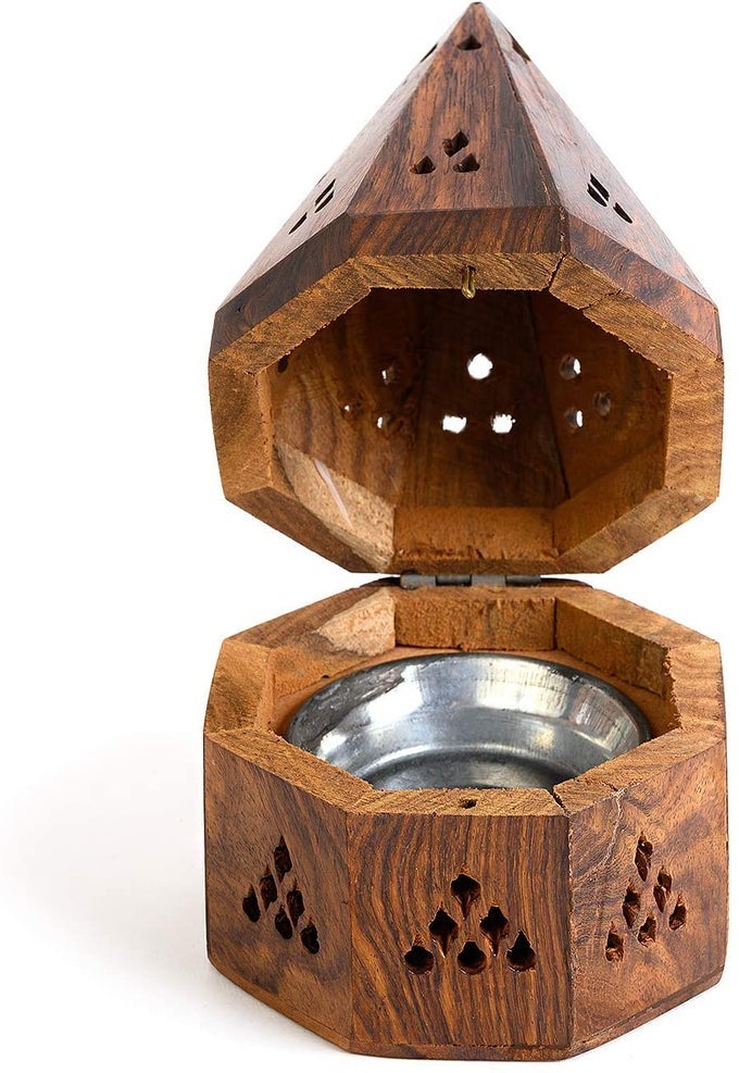 5 INCH TEMPLE WOODEN CHARCOALCONE BURNER TOP CONE SHAPE HANDCRAFTED WOODEN INCENSE BURNER BOX TEMPLE SHAPE