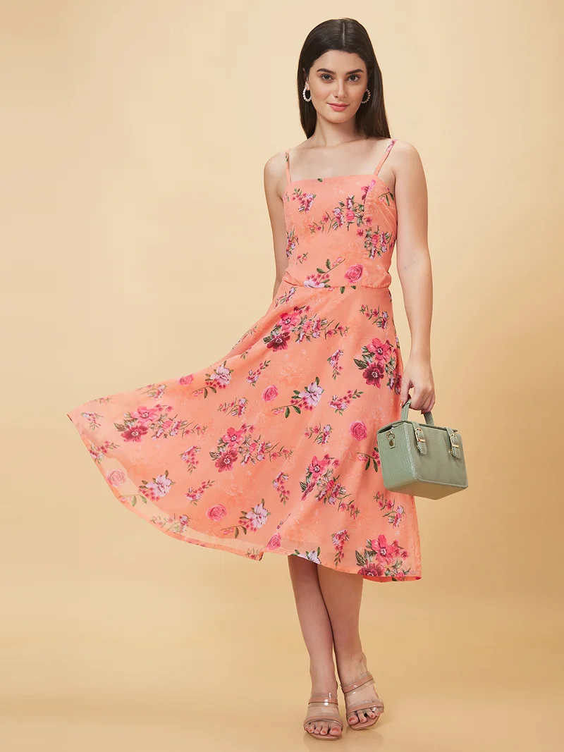 Women Floral Printed Shoulder Straps Sleeveless Georgette Fit & Flare Midi Dress