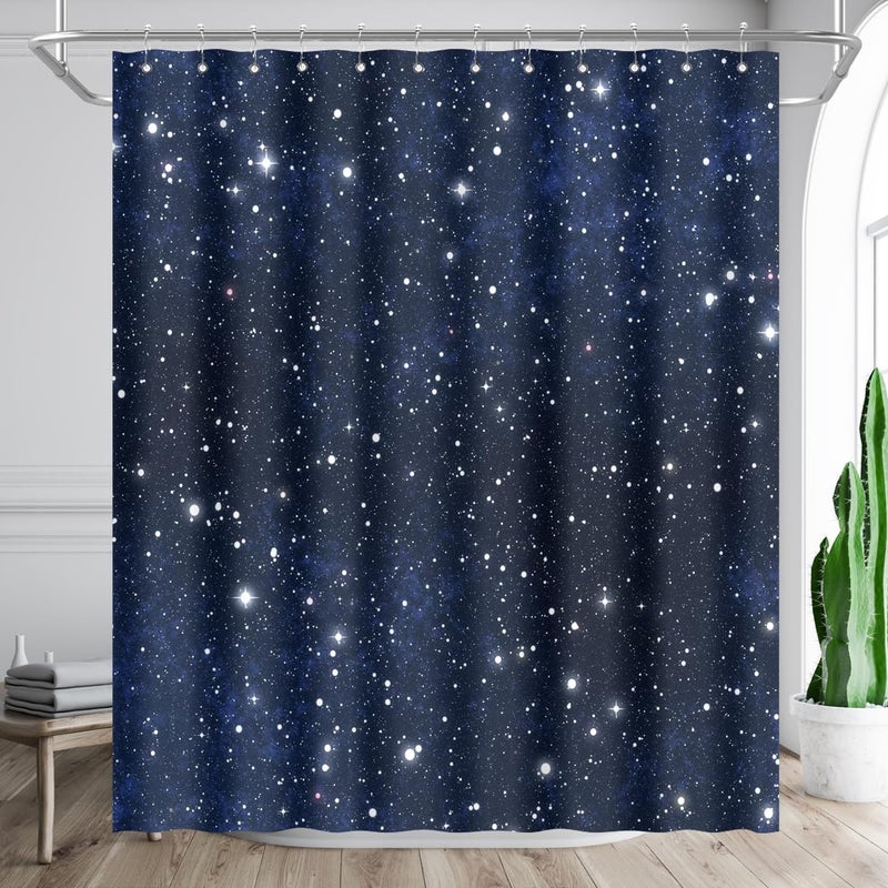 BIYSUC Night Sky Stars Shower Curtain Blue Starry Space Galaxy Universe Pattern Bathroom Home Decor Waterproof Polyester Fabric 60Wx72L Inch 12 Pack Plastic Hooks