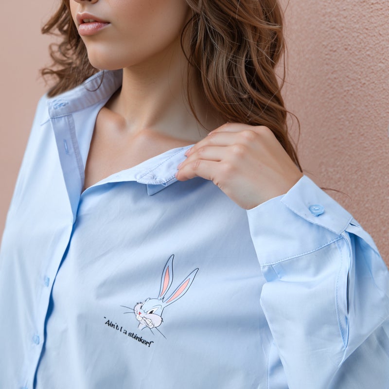 اس بي كاركترز تيشيرت واسع بطبعة باغز باني وحافة غير متساوية - Image 4