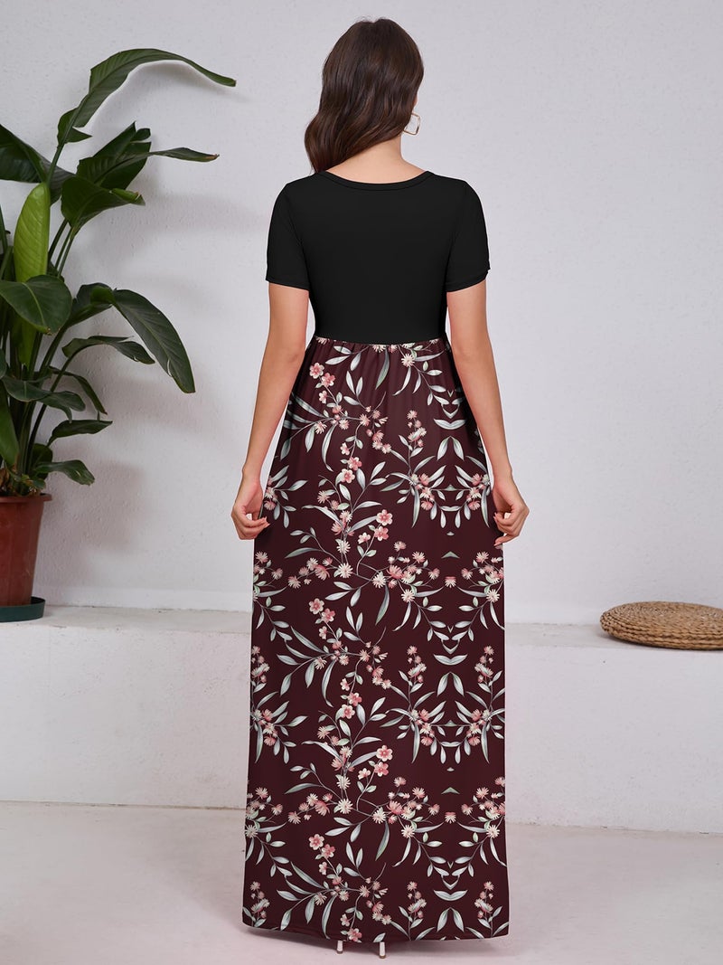 DEARCASE Women Long Dress Flower Red X-Large Crewneck Boho Short Sleeve Maxi Loose Floral Printed Casual Hawaiian Flowy Vintage Spring Summer Beach Dresses with Pockets - Image 2