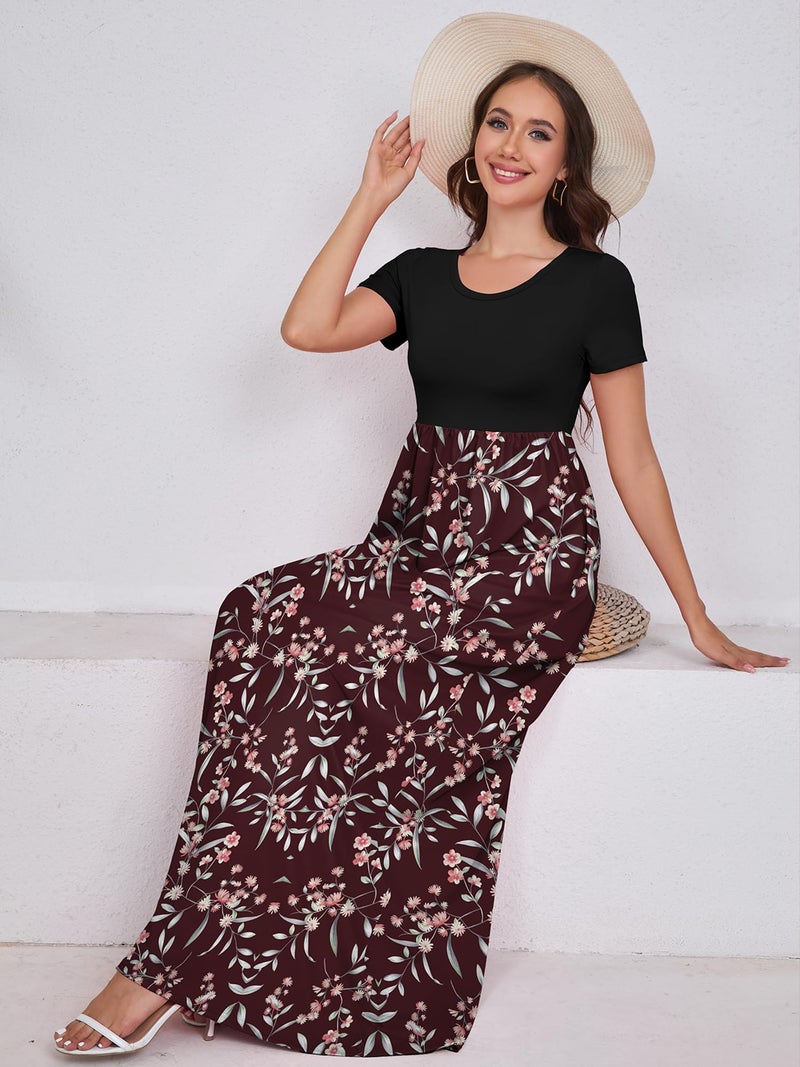 DEARCASE Women Long Dress Flower Red X-Large Crewneck Boho Short Sleeve Maxi Loose Floral Printed Casual Hawaiian Flowy Vintage Spring Summer Beach Dresses with Pockets - Image 3