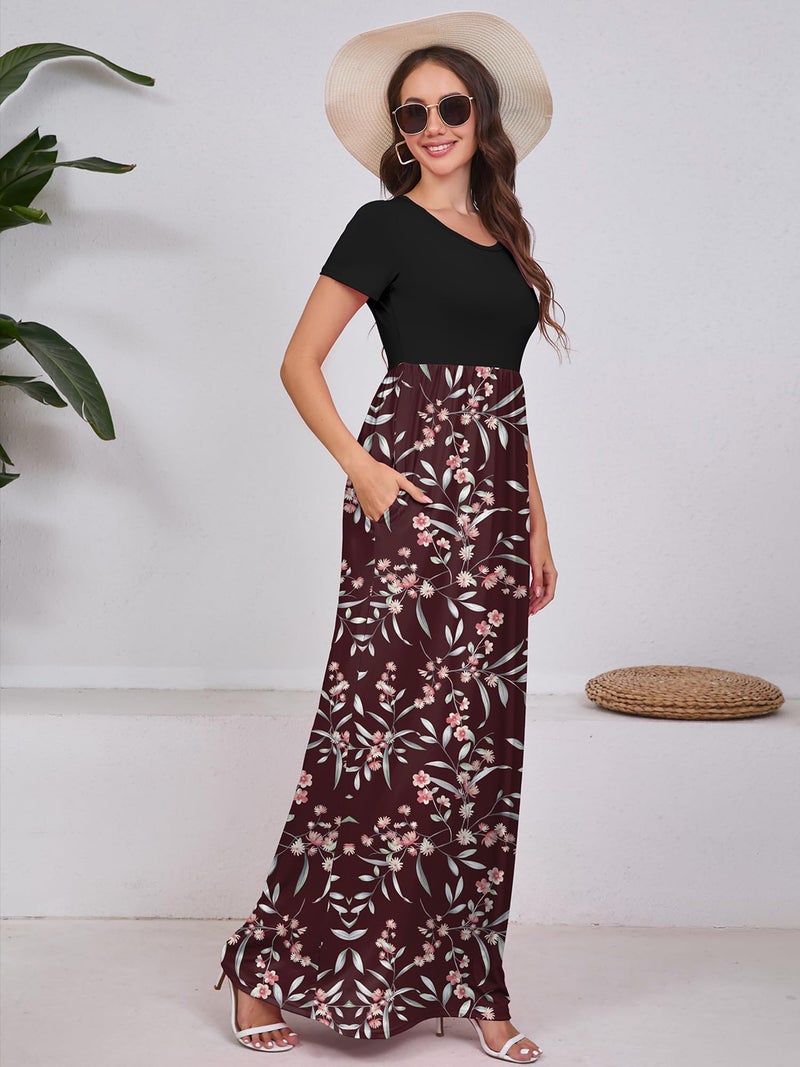 DEARCASE Women Long Dress Flower Red X-Large Crewneck Boho Short Sleeve Maxi Loose Floral Printed Casual Hawaiian Flowy Vintage Spring Summer Beach Dresses with Pockets - Image 5