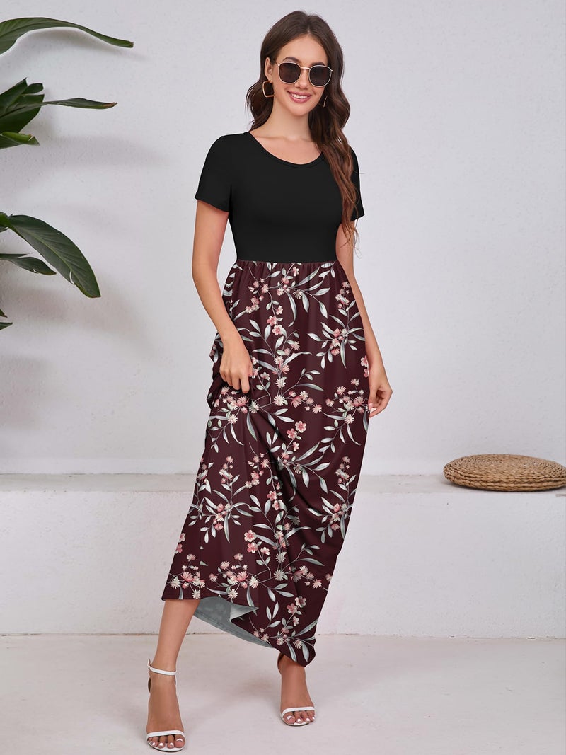 DEARCASE Women Long Dress Flower Red X-Large Crewneck Boho Short Sleeve Maxi Loose Floral Printed Casual Hawaiian Flowy Vintage Spring Summer Beach Dresses with Pockets - Image 4