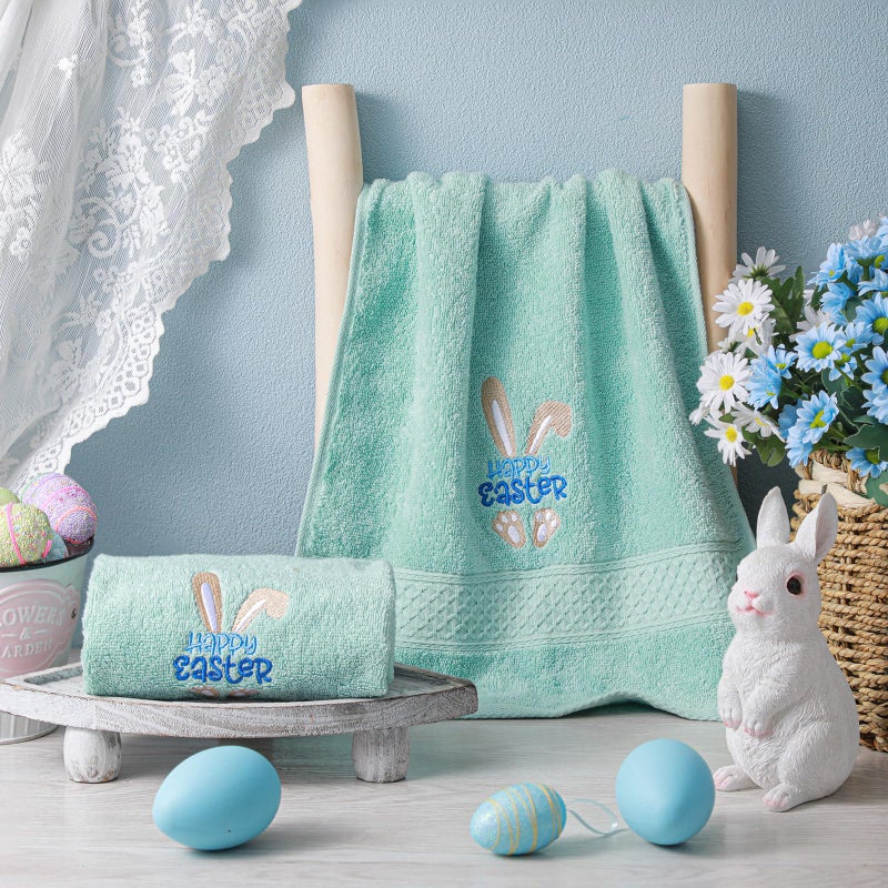 Tudomro 2 Pcs Easter Bunny Hand Towels Yellow Bathroom Decor 14x29 Inch Embroidered 100% Cotton Soft Absorbent Spring Floral Decorative Hand Towels for Bathroom Kitchen(Green Bunny) - Image 2