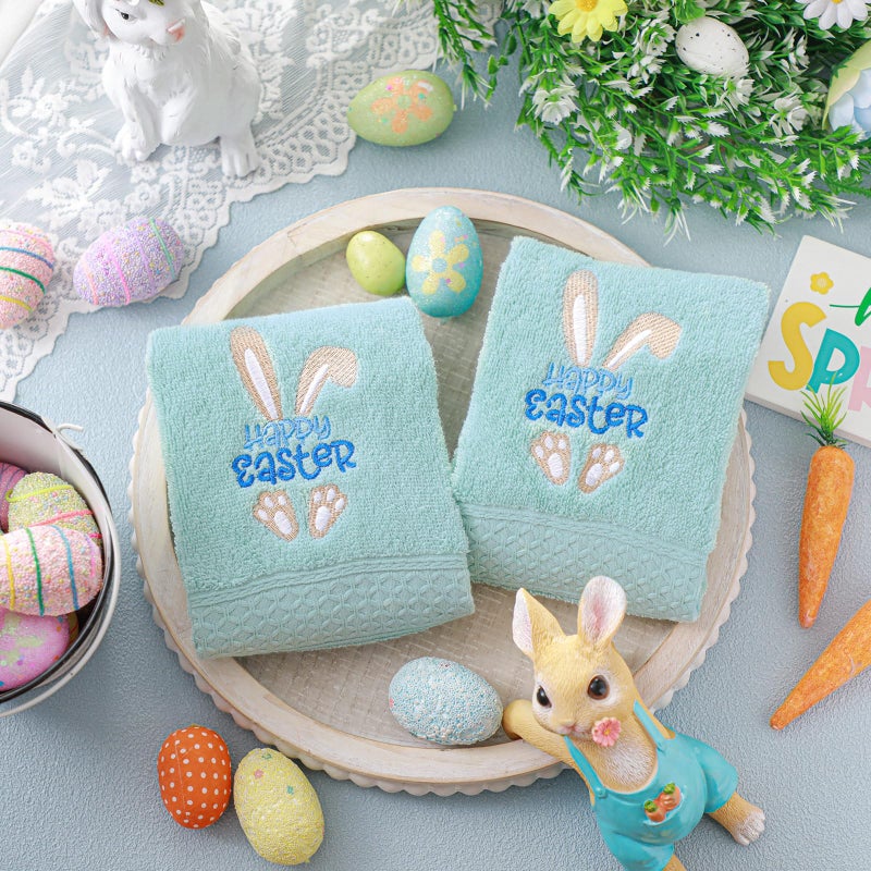 Tudomro 2 Pcs Easter Bunny Hand Towels Yellow Bathroom Decor 14x29 Inch Embroidered 100% Cotton Soft Absorbent Spring Floral Decorative Hand Towels for Bathroom Kitchen(Green Bunny) - Image 4