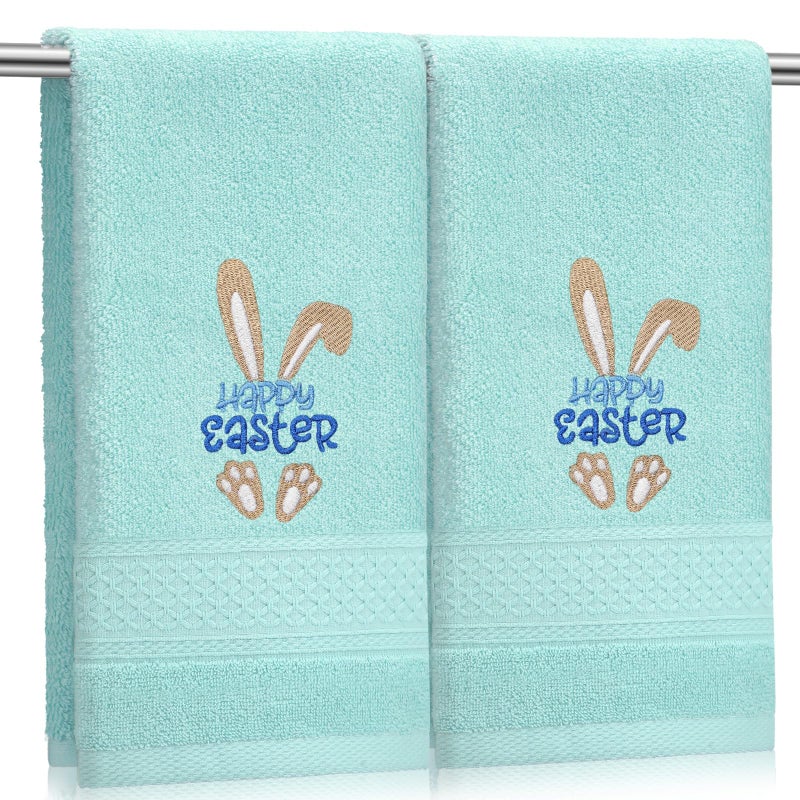 Tudomro 2 Pcs Easter Bunny Hand Towels Yellow Bathroom Decor 14x29 Inch Embroidered 100% Cotton Soft Absorbent Spring Floral Decorative Hand Towels for Bathroom Kitchen(Green Bunny) - Image 1