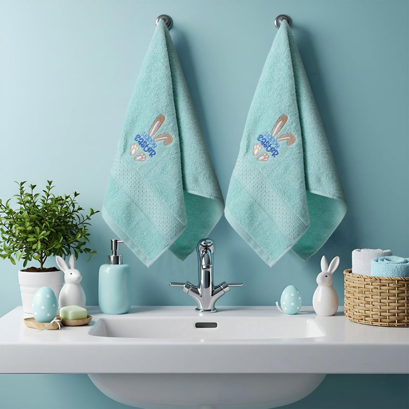 Tudomro 2 Pcs Easter Bunny Hand Towels Yellow Bathroom Decor 14x29 Inch Embroidered 100% Cotton Soft Absorbent Spring Floral Decorative Hand Towels for Bathroom Kitchen(Green Bunny) - Image 5