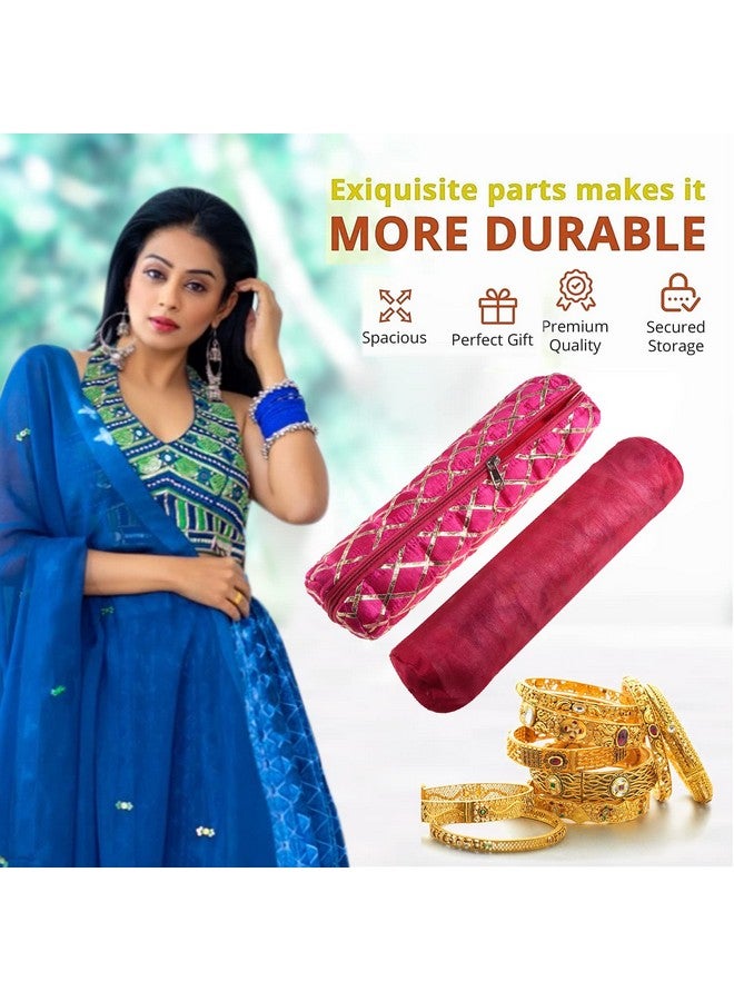 Kuber Industries Kuber Industries Single Rod Bangle Box | Polyester Gota Check Design Watch Organizer | Travelling Bracelets Organizer with Zipper | Pack of 2 | Pink - Image 5