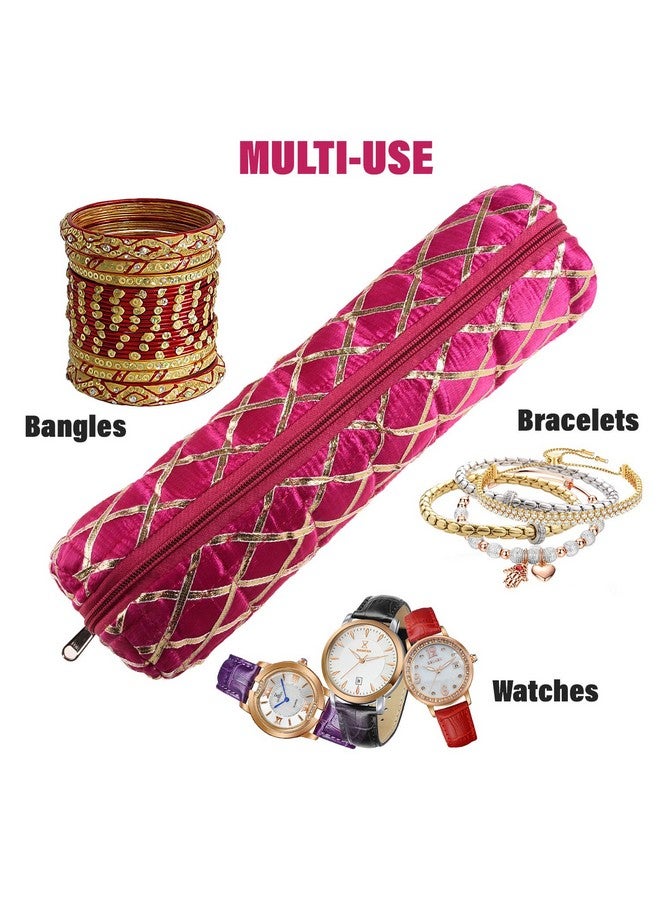 Kuber Industries Kuber Industries Single Rod Bangle Box | Polyester Gota Check Design Watch Organizer | Travelling Bracelets Organizer with Zipper | Pack of 2 | Pink - Image 4