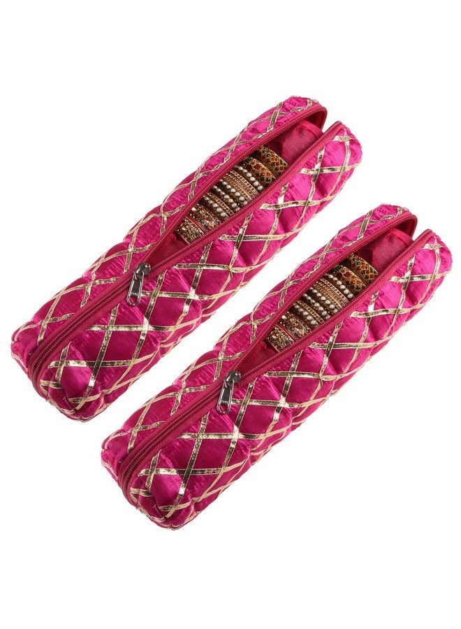 Kuber Industries Kuber Industries Single Rod Bangle Box | Polyester Gota Check Design Watch Organizer | Travelling Bracelets Organizer with Zipper | Pack of 2 | Pink - Image 1