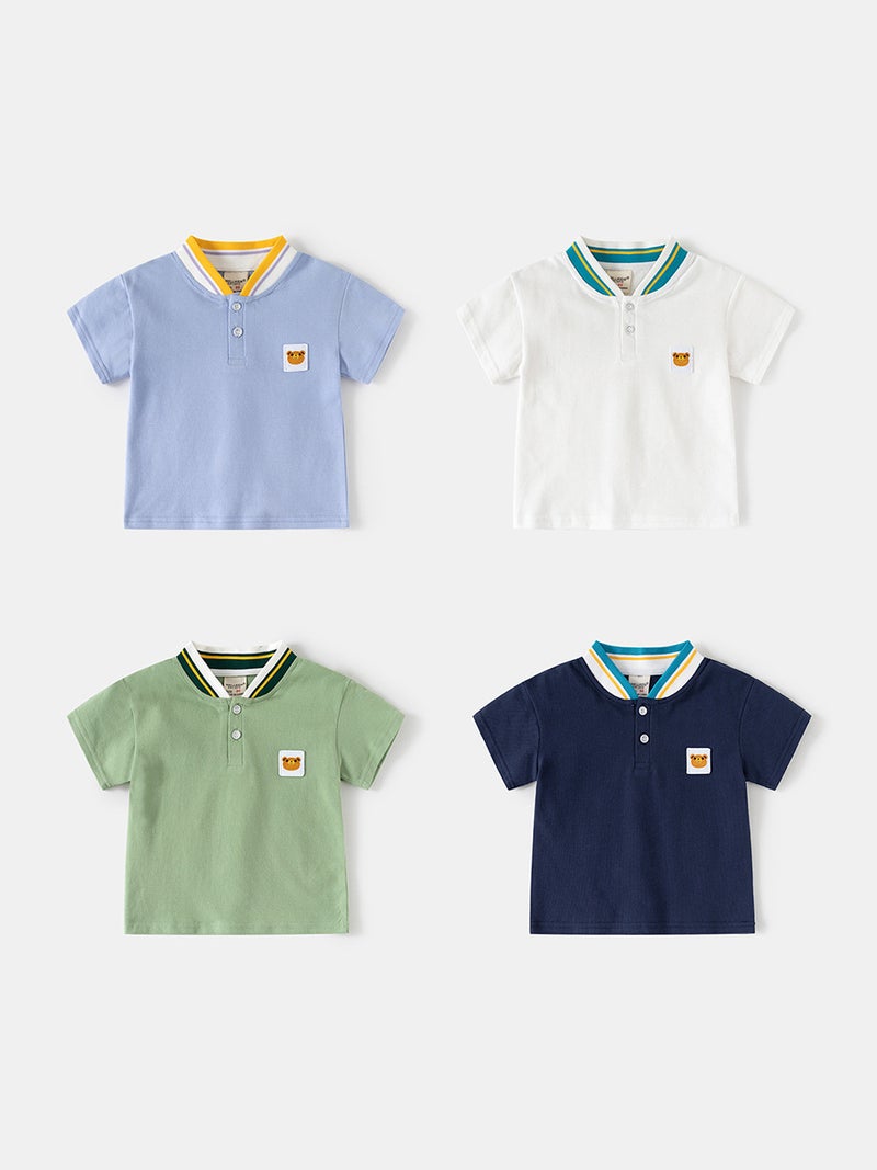 Boys' Summer Short-Sleeve Polo Shirt, Tummy-Covering Stand-Collar Top, Toddler Cotton Cartoon Thin T-Shirt, Trendy - Image 2