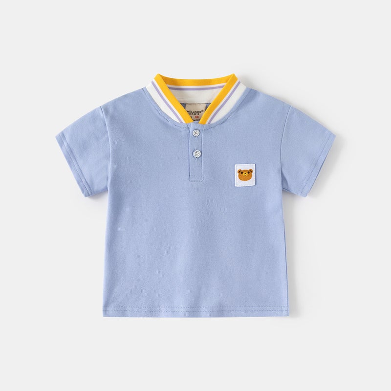 Boys' Summer Short-Sleeve Polo Shirt, Tummy-Covering Stand-Collar Top, Toddler Cotton Cartoon Thin T-Shirt, Trendy - Image 1
