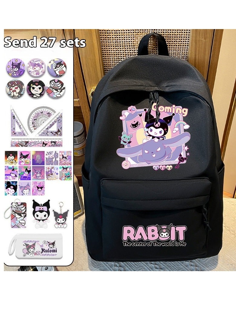 SISGL 27-Piece Cartoon Kuromi Backpack For School Girls 6-12 Years Old Teens Fashion Kawaii Kuromi Print School Bags For Girls Large Travel Backpack For Teens Students Gift  - Image 1
