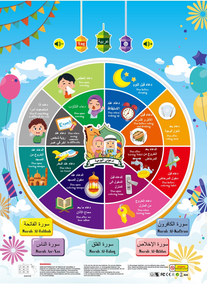 بورودو لوحة حائطية تفاعلية تعليمية للأطفال عن الأدعية / دعاء يومي وسورة باللغتين الإنجليزية والعربية / ملصق تفاعلي ودليل صوتي / مؤسسة دينية مبكرة  - Image 2