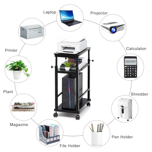 OGFC 21568 3 Tier Height Adjustable Computer Tower/Under Desk Printer Holder Cart with Rolling Wheels Metal CPU Rack Mobile PC Stand with Locking Caster Suitable for Office Home - Black - Image 4