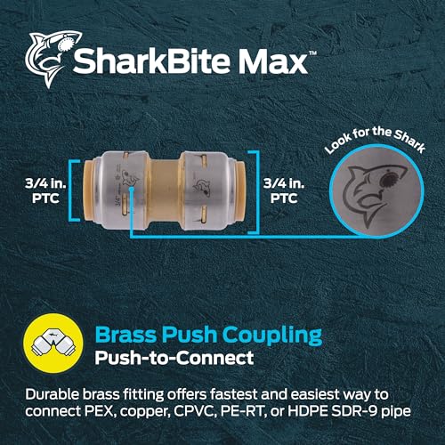 SharkBite وصلة شيركبايت ماكس 3/4 بوصة، تركيبات سباكة نحاسية، دفع للتوصيل، أنابيب PEX، نحاس، CPVC، PE-RT، HDPE، UR016A - Image 2