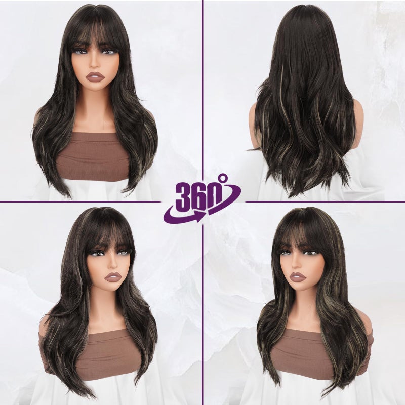 BARSDAR Brown Blonde Highlight Layered Wig with Bangs - 20 Inch Layered Wig with Bangs for Women, Natural Looking Soft Wavy Synthetic Highlight Wigs Straight Layers Haircut Fringe Daily Party - Image 5