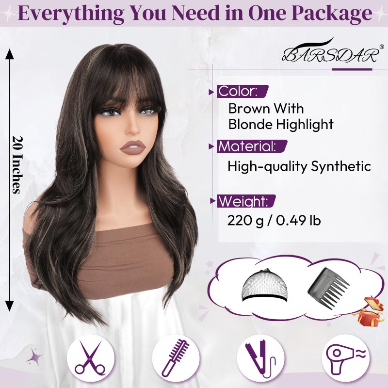 BARSDAR Brown Blonde Highlight Layered Wig with Bangs - 20 Inch Layered Wig with Bangs for Women, Natural Looking Soft Wavy Synthetic Highlight Wigs Straight Layers Haircut Fringe Daily Party - Image 2