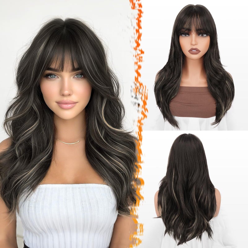 BARSDAR Brown Blonde Highlight Layered Wig with Bangs - 20 Inch Layered Wig with Bangs for Women, Natural Looking Soft Wavy Synthetic Highlight Wigs Straight Layers Haircut Fringe Daily Party - Image 1