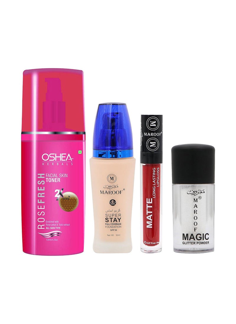 MAROOF Matte Long Lasting Lipgloss 04 with Foundation, Glitter Powder & Oshea Toner Combo - Image 1