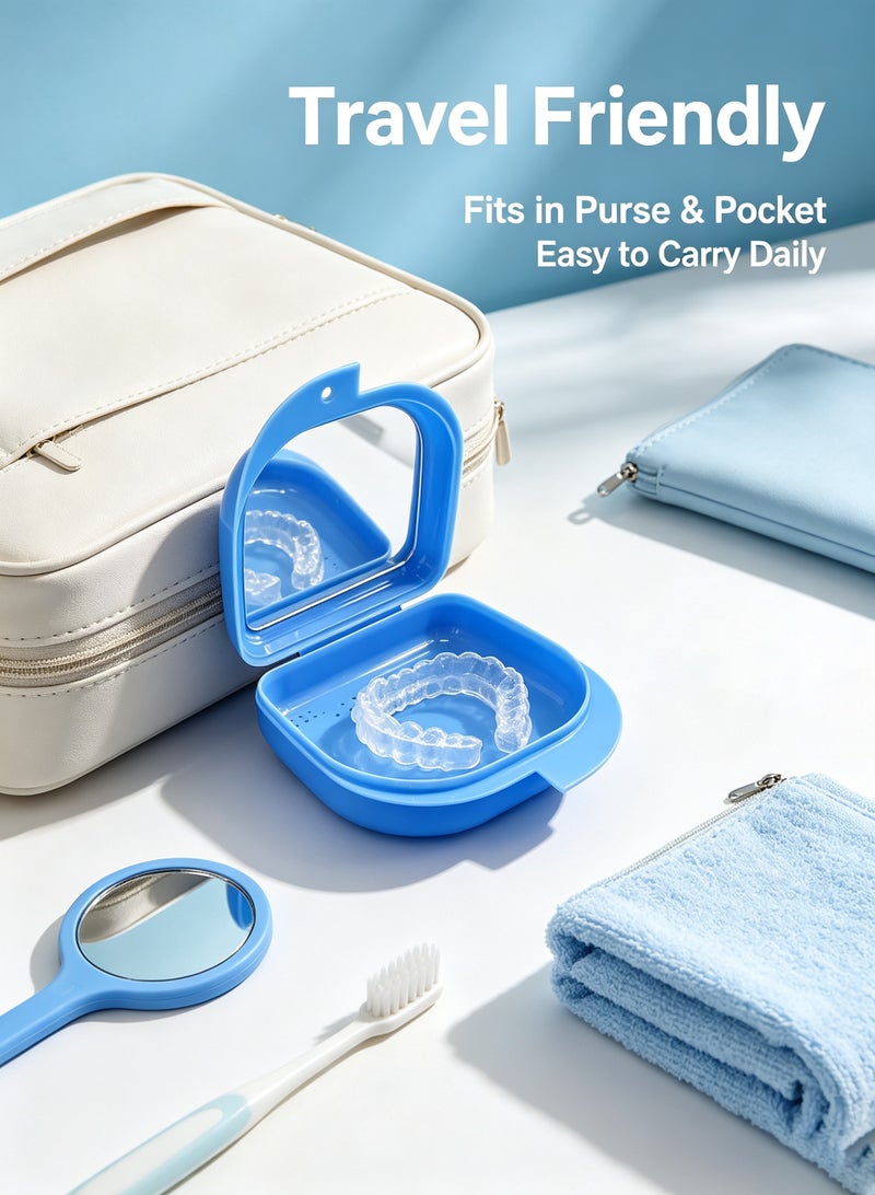 Blue Orthodontic Retainer Case with Built-in Mirror, Portable Braces Aligner Storage Box, Vent Hole Denture Holder, Large Capacity Dustproof Oral Care Container for Clear Aligners, Mouth Guard, Night Guard - Image 4