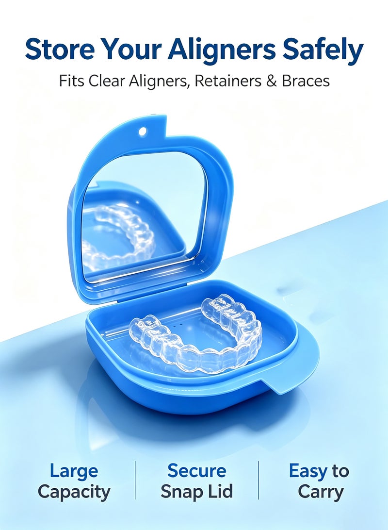 Blue Orthodontic Retainer Case with Built-in Mirror, Portable Braces Aligner Storage Box, Vent Hole Denture Holder, Large Capacity Dustproof Oral Care Container for Clear Aligners, Mouth Guard, Night Guard - Image 2