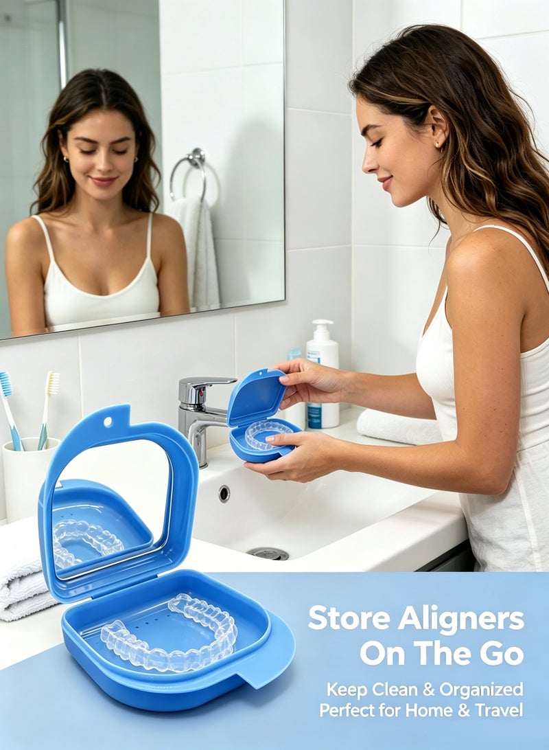Blue Orthodontic Retainer Case with Built-in Mirror, Portable Braces Aligner Storage Box, Vent Hole Denture Holder, Large Capacity Dustproof Oral Care Container for Clear Aligners, Mouth Guard, Night Guard - Image 5