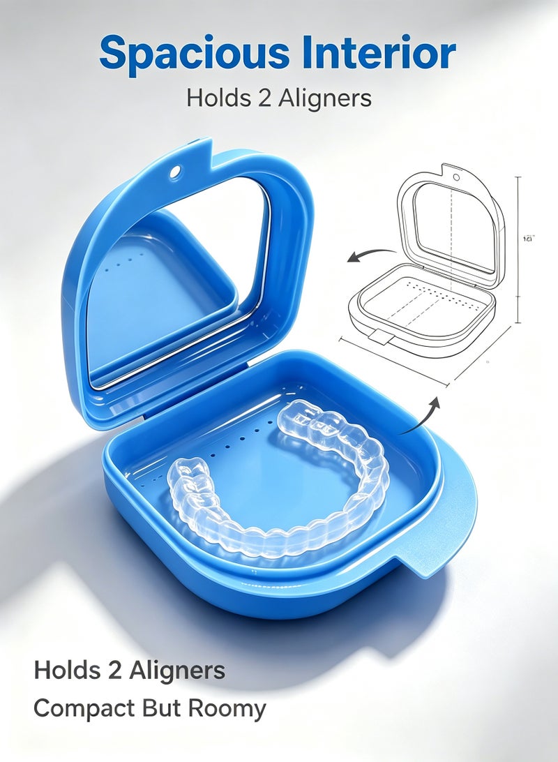 Blue Orthodontic Retainer Case with Built-in Mirror, Portable Braces Aligner Storage Box, Vent Hole Denture Holder, Large Capacity Dustproof Oral Care Container for Clear Aligners, Mouth Guard, Night Guard - Image 3