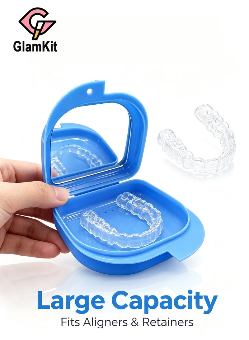 Blue Orthodontic Retainer Case with Built-in Mirror, Portable Braces Aligner Storage Box, Vent Hole Denture Holder, Large Capacity Dustproof Oral Care Container for Clear Aligners, Mouth Guard, Night Guard - Image 1