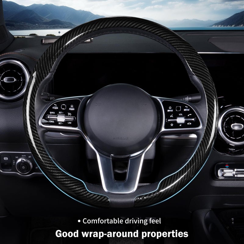 Aotoyou Car Steering Wheel Cover Carbon Fiber Snap On Steering Wheel Accessories Wrap 14.5-15 inch Universal Grip Anti-Skid Protector, Glossy Black - Image 2
