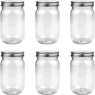 FIREBOOMOON 6 Pack 16 Ounce Clear Plastic Mason Jars Containers With Screw Sealing Metal Tinplate Lids,Refillable Empty - Image 1