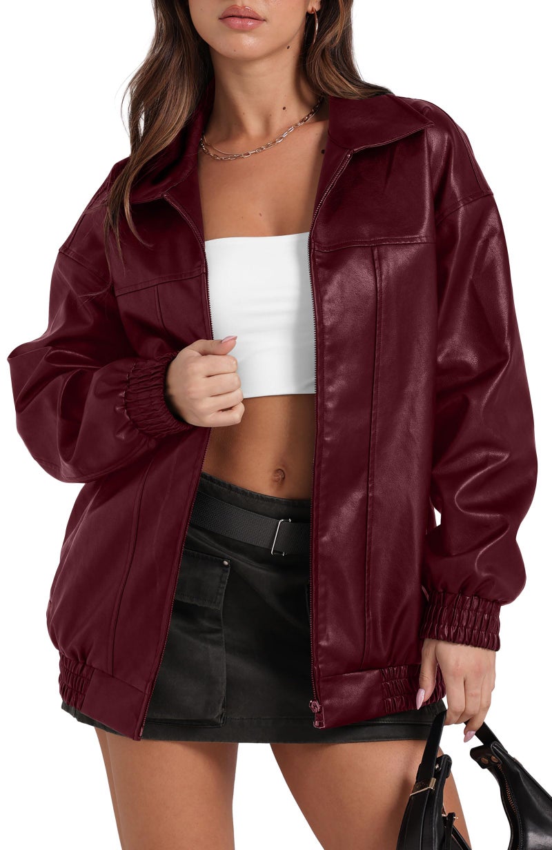 Sampeel Red Leather Jacket Women Faux Oversized Motorcycle Trendy Coats 2024 Fall Fashion Outfits Winter Clothes M - Image 1