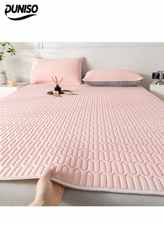 DUNISO 3-Piece of Ice Silk Cooling Bedding Set,Extreme Heat Cooling Bedding Set,Anti-Slip Latex Cool Silk Bed Cover with Pillowcases,Latex Mattress Pad for Summer Heat,Breathable Sheets,Night Sweat Relief,180*200CM,Pale Pink  - Image 1