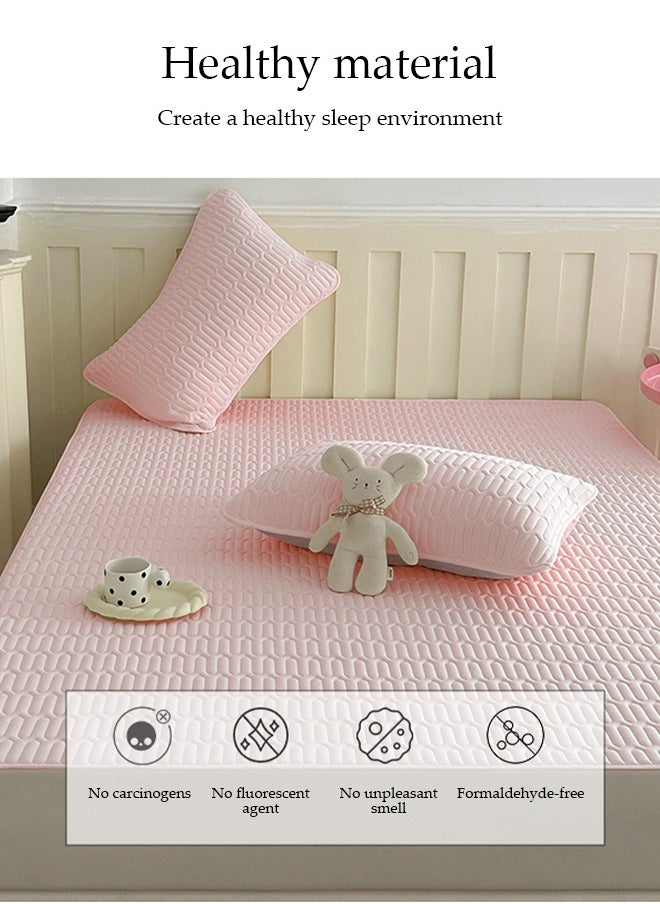 DUNISO 3-Piece of Ice Silk Cooling Bedding Set,Extreme Heat Cooling Bedding Set,Anti-Slip Latex Cool Silk Bed Cover with Pillowcases,Latex Mattress Pad for Summer Heat,Breathable Sheets,Night Sweat Relief,180*200CM,Pale Pink  - Image 4