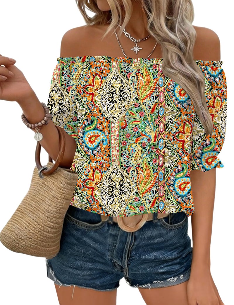 Kistore Boho Tops for Women Short Sleeve Ladies Tops and Blouses Crew Neck Business Work Tunic T-Shirts Bohemian Printed M - Image 1