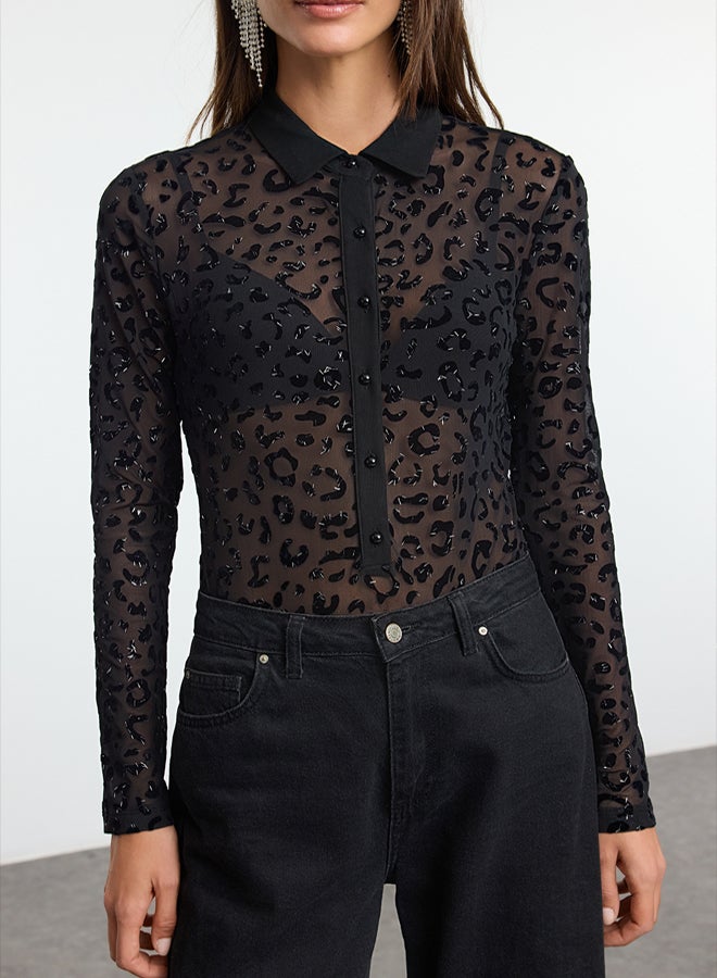 trendyol Black Tulle Knitted Bodysuit TPRAW25BD00016 - Image 3