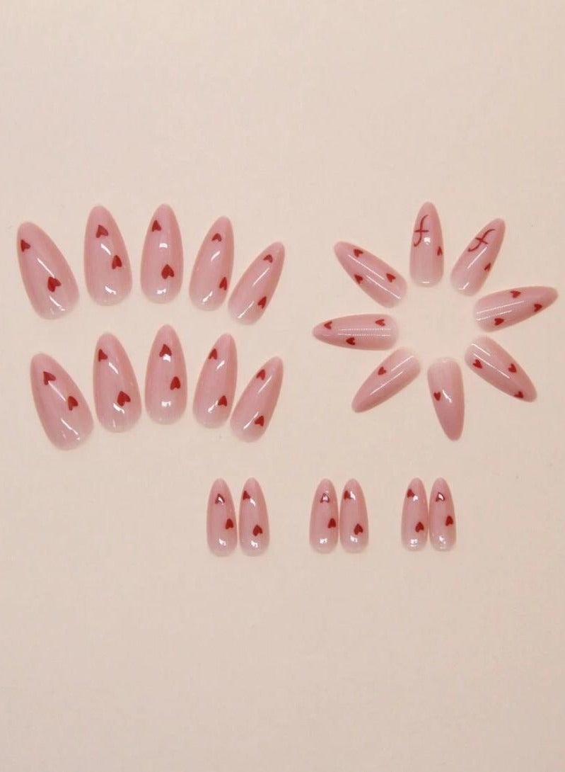 أظافر تركيب بشكل لوز طويل ذات شكل قلب أحمر رومانسي بسيط جديد لعيد الحب 24 قطعة - Image 2