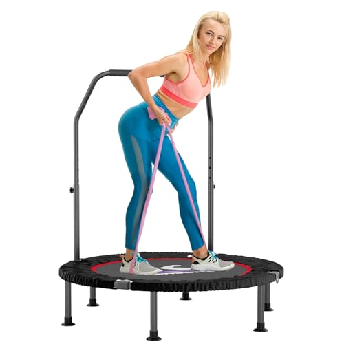K KENSONE 40” Mini Flodable Spring Rebounder Trampoline for Adults with Adjustable Bar, Small Exercise Trampoline for Indoor Workout and Fitness, Purple Resistance Band Included, Max Load 330 LBS - Image 1