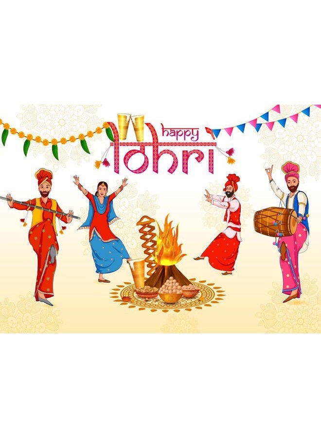 CORFOTO 7x5ft Fabric Happy Lohri Festival Backdrop Cartoon Indian People Punjabi Religious Holiday Background for Harvesting Festival Party Decorations Banner Kids Adults Photo Props - Image 1