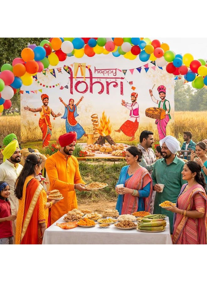 CORFOTO 7x5ft Fabric Happy Lohri Festival Backdrop Cartoon Indian People Punjabi Religious Holiday Background for Harvesting Festival Party Decorations Banner Kids Adults Photo Props - Image 2