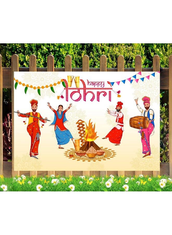 CORFOTO 7x5ft Fabric Happy Lohri Festival Backdrop Cartoon Indian People Punjabi Religious Holiday Background for Harvesting Festival Party Decorations Banner Kids Adults Photo Props - Image 3