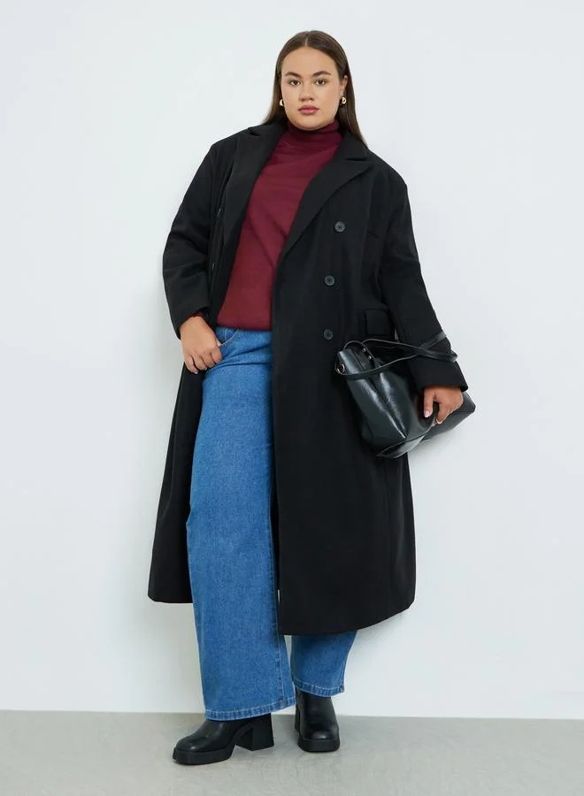 Styli Plus Size Black Longline Double Breasted Coat