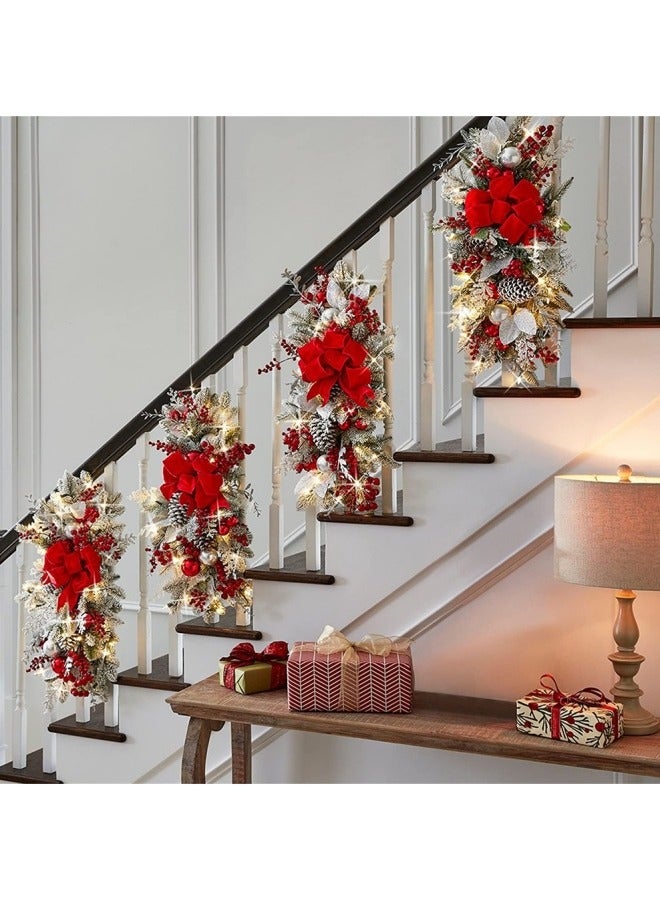 CCOVERY إكليل عيد الميلاد المضيء، 23.6 بوصة زينة عيد الميلاد الاصطناعية بدون سلك مع أضواء خيطية للتعليق على الجدران والأبواب والنوافذ مع زينة على شكل دمعة وزينة قوس حمراء - Image 2